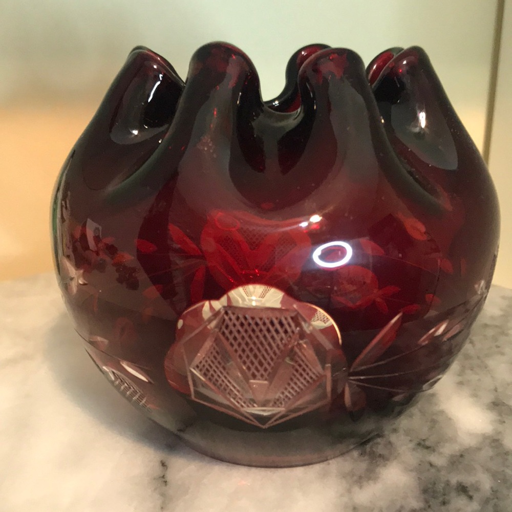 VTG ~ Ruby Red Cut to Clear glass bowl